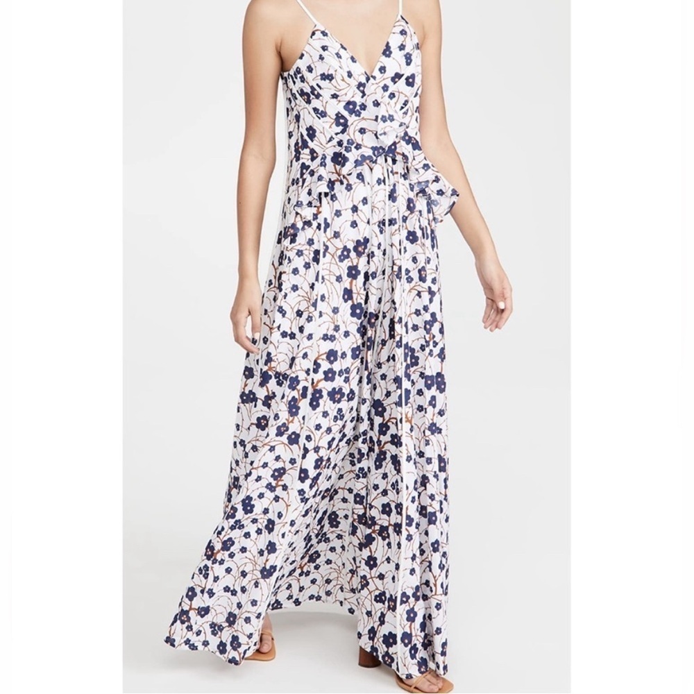 Amur White Floral Blue Cotton Ruffle Maxi Dress Size 0
